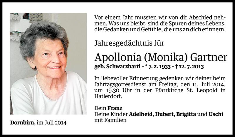  Todesanzeige für Apollonia (Monika) Gartner vom 09.07.2014 aus Vorarlberger Nachrichten