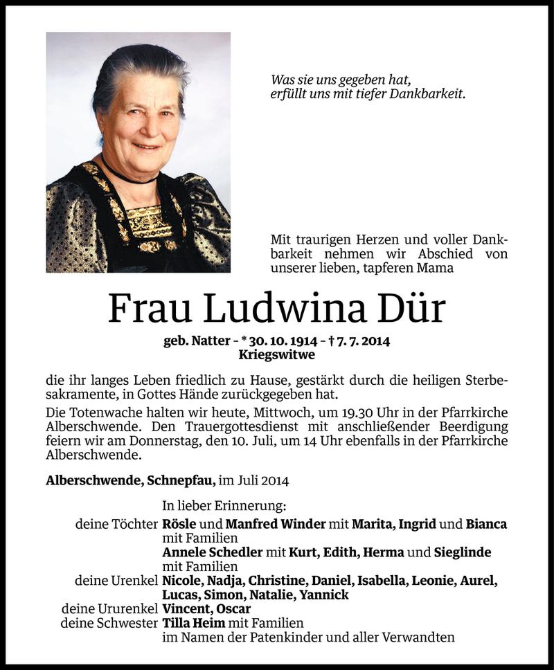  Todesanzeige für Ludwina Dür vom 08.07.2014 aus Vorarlberger Nachrichten