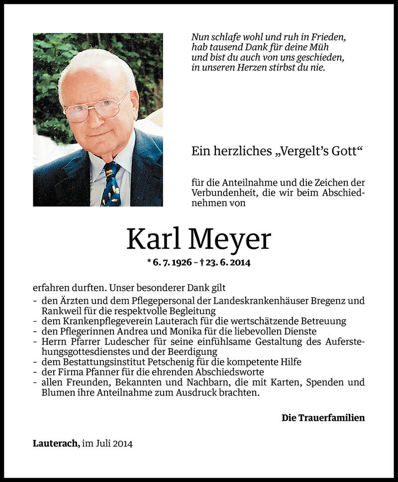  Todesanzeige für Karl Meyer vom 08.07.2014 aus Vorarlberger Nachrichten