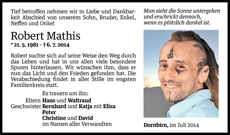  Todesanzeige für Robert Mathis vom 09.07.2014 aus Vorarlberger Nachrichten