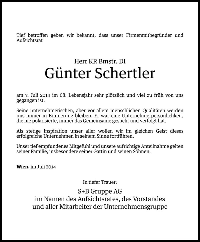  Todesanzeige für Günter Schertler vom 08.07.2014 aus Vorarlberger Nachrichten