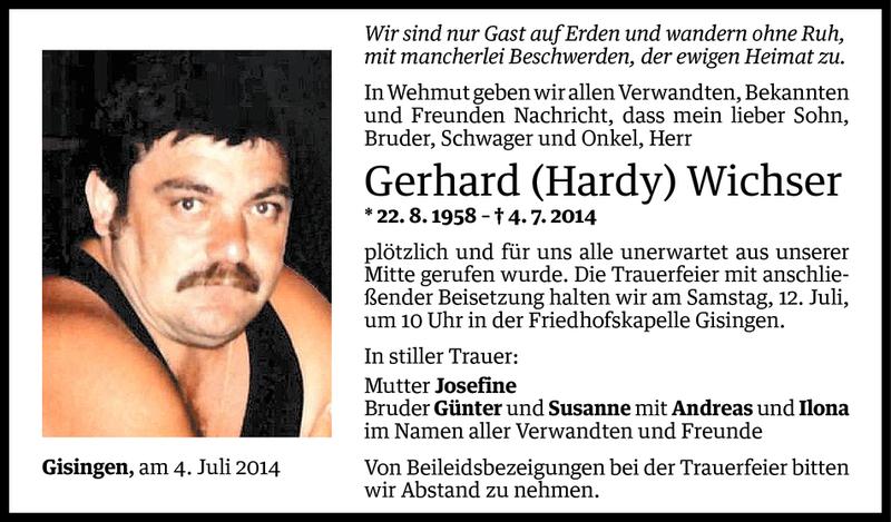  Todesanzeige für Gerhard Wichser vom 09.07.2014 aus Vorarlberger Nachrichten