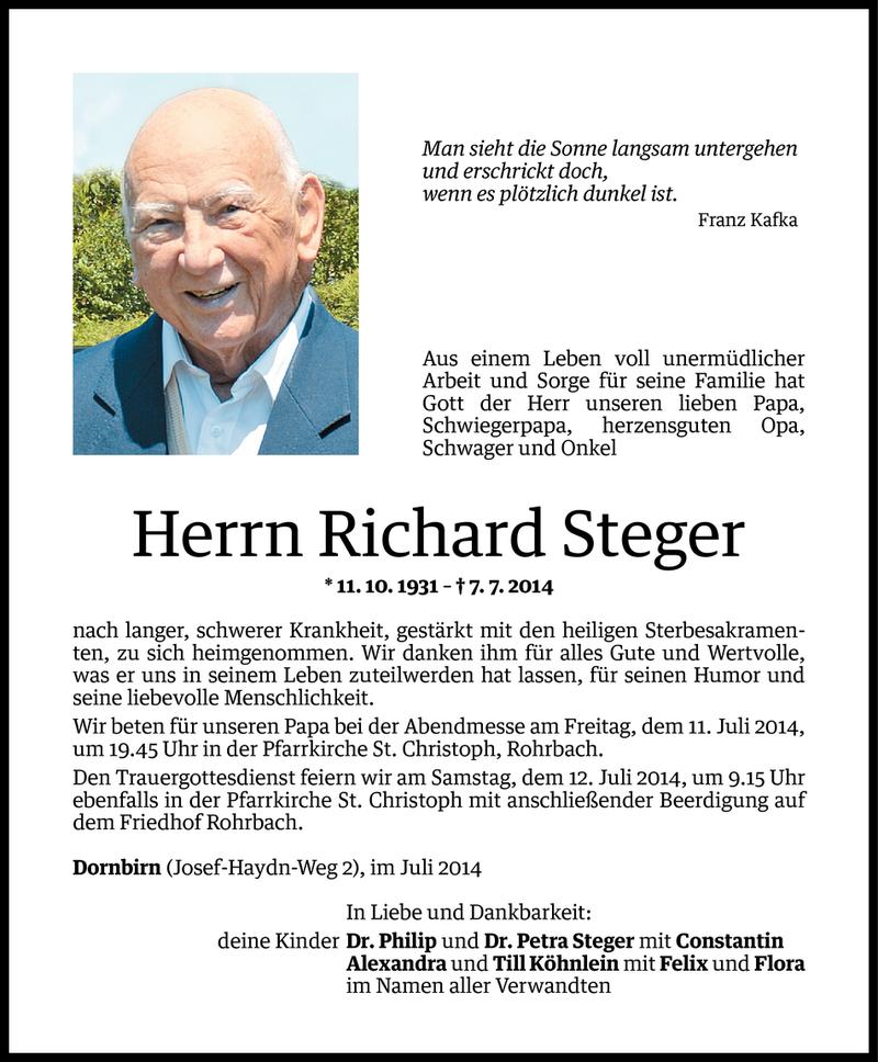  Todesanzeige für Richard Steger vom 09.07.2014 aus Vorarlberger Nachrichten