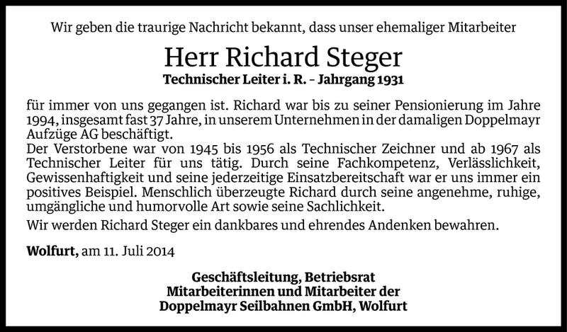  Todesanzeige für Richard Steger vom 10.07.2014 aus Vorarlberger Nachrichten