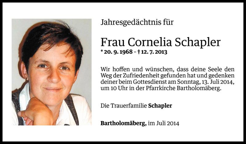  Todesanzeige für Cornelia Schapler vom 11.07.2014 aus Vorarlberger Nachrichten