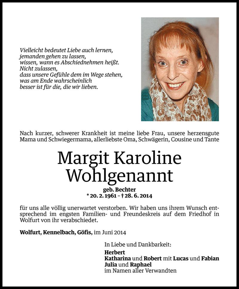  Todesanzeige für Margit Karoline Wohlgenannt vom 12.07.2014 aus Vorarlberger Nachrichten