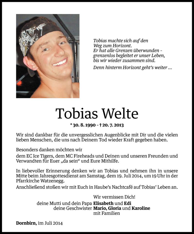  Todesanzeige für Tobias Welte vom 11.07.2014 aus Vorarlberger Nachrichten