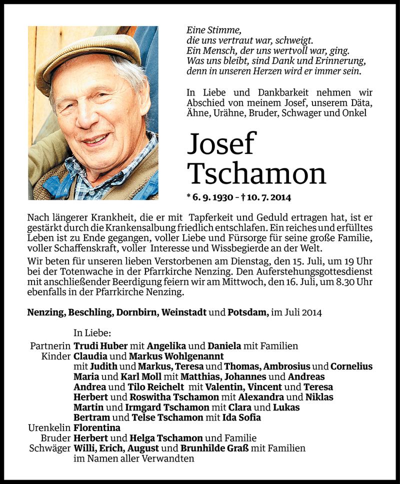  Todesanzeige für Josef Tschamon vom 12.07.2014 aus Vorarlberger Nachrichten