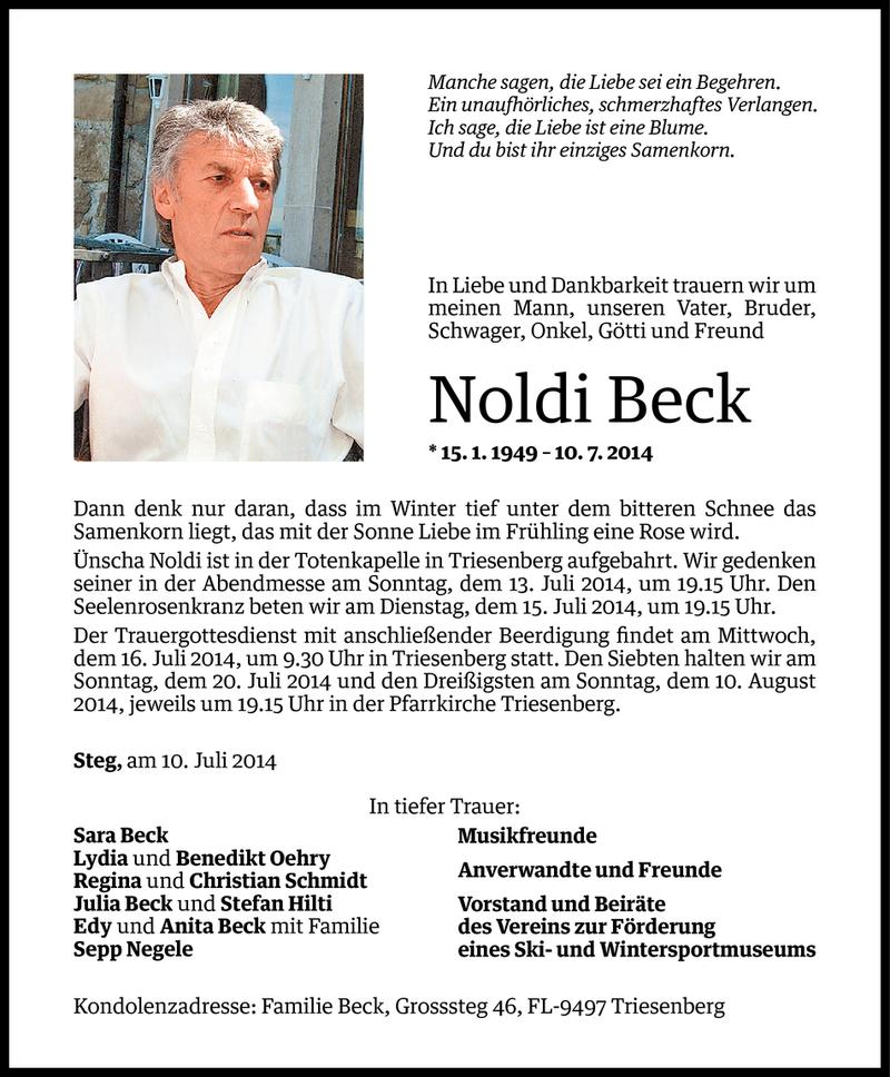  Todesanzeige für Noldi Beck vom 11.07.2014 aus Vorarlberger Nachrichten