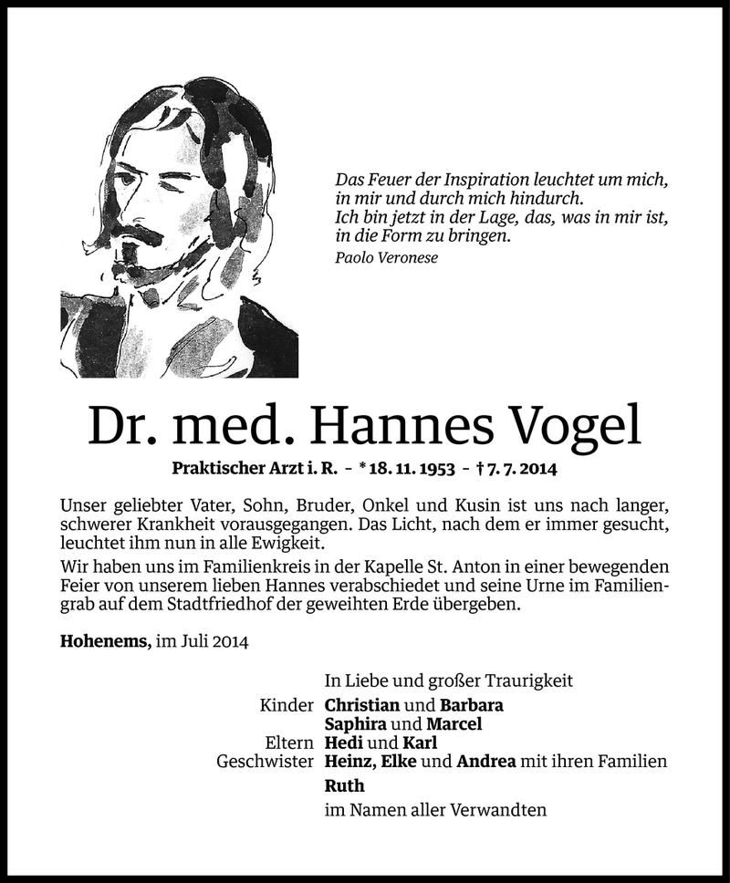 Todesanzeige für Hannes Vogel vom 14.07.2014 aus Vorarlberger Nachrichten