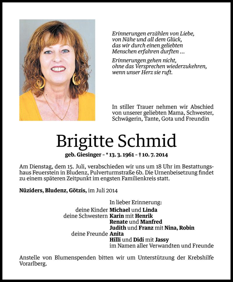  Todesanzeige für Brigitte Schmid vom 14.07.2014 aus Vorarlberger Nachrichten