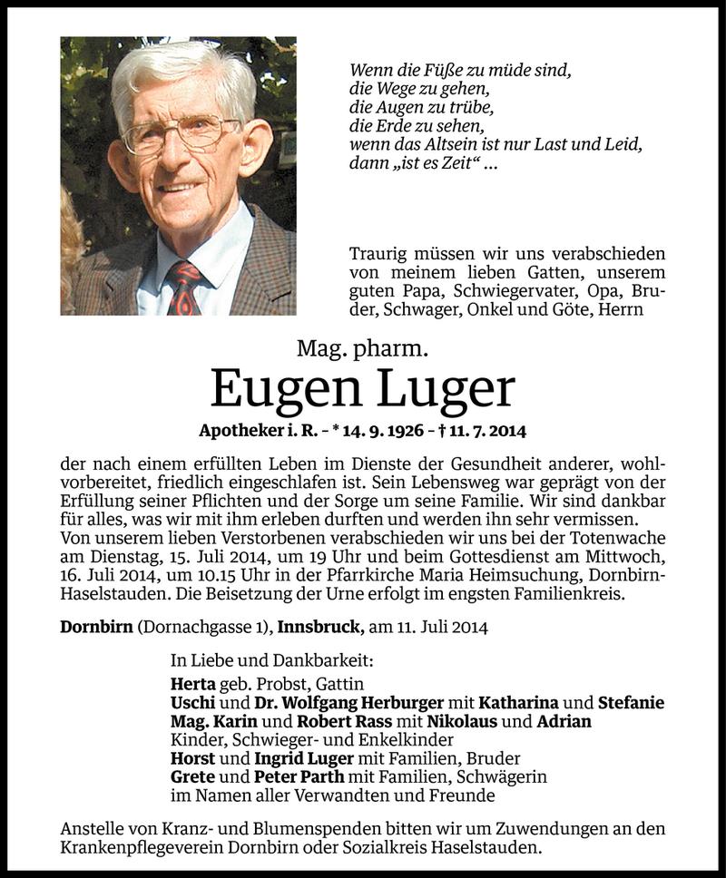  Todesanzeige für Eugen Luger vom 13.07.2014 aus Vorarlberger Nachrichten