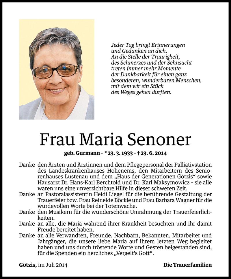  Todesanzeige für Maria Senoner vom 13.07.2014 aus Vorarlberger Nachrichten