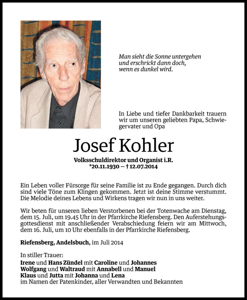  Todesanzeige für Josef Kohler vom 13.07.2014 aus Vorarlberger Nachrichten