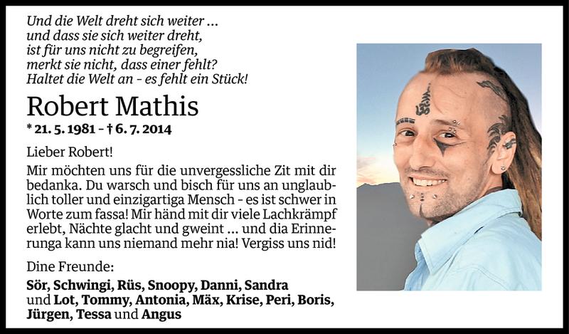  Todesanzeige für Robert Mathis vom 14.07.2014 aus Vorarlberger Nachrichten