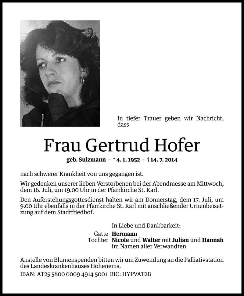  Todesanzeige für Gertrud Hofer vom 15.07.2014 aus Vorarlberger Nachrichten