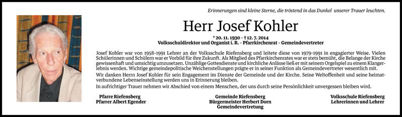  Todesanzeige für Josef Kohler vom 14.07.2014 aus Vorarlberger Nachrichten