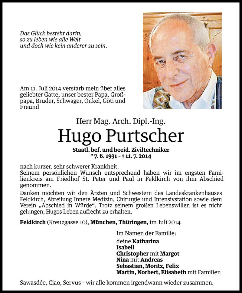  Todesanzeige für Hugo Purtscher vom 19.07.2014 aus Vorarlberger Nachrichten