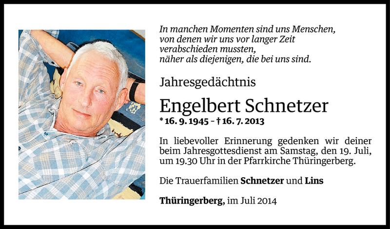  Todesanzeige für Engelbert Schnetzer vom 15.07.2014 aus Vorarlberger Nachrichten