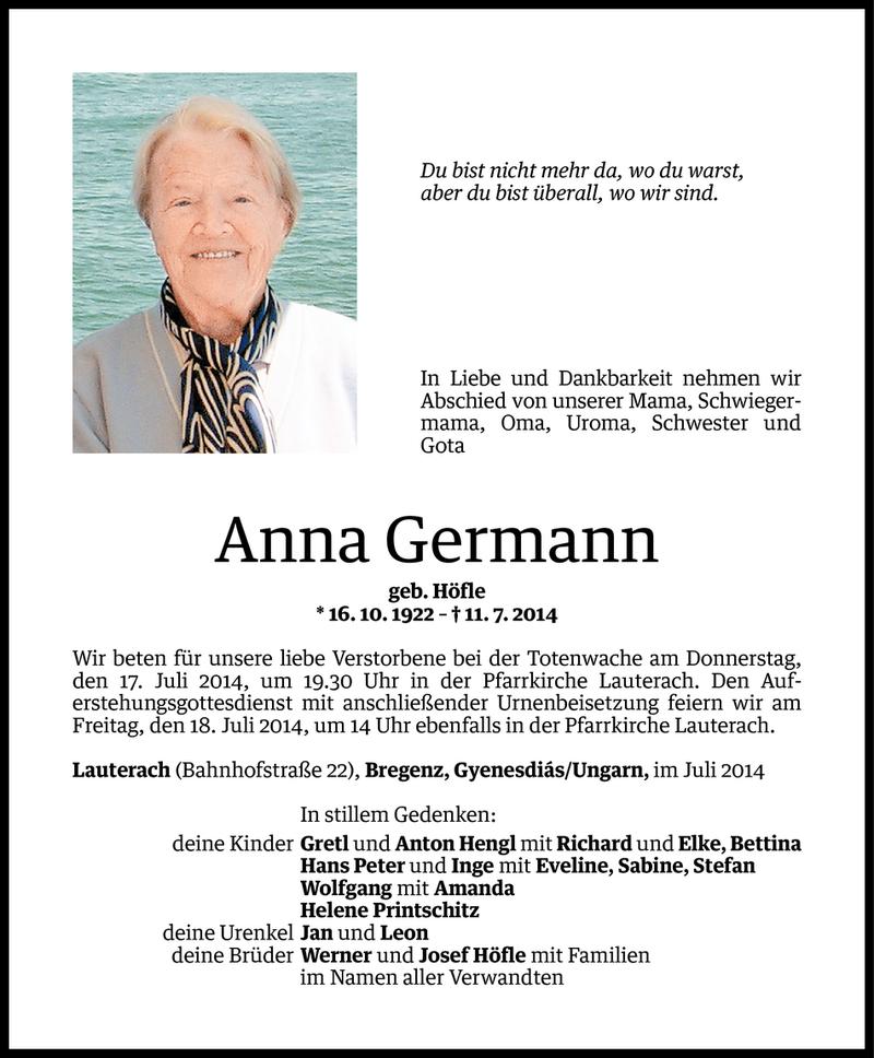  Todesanzeige für Anna Germann vom 15.07.2014 aus Vorarlberger Nachrichten