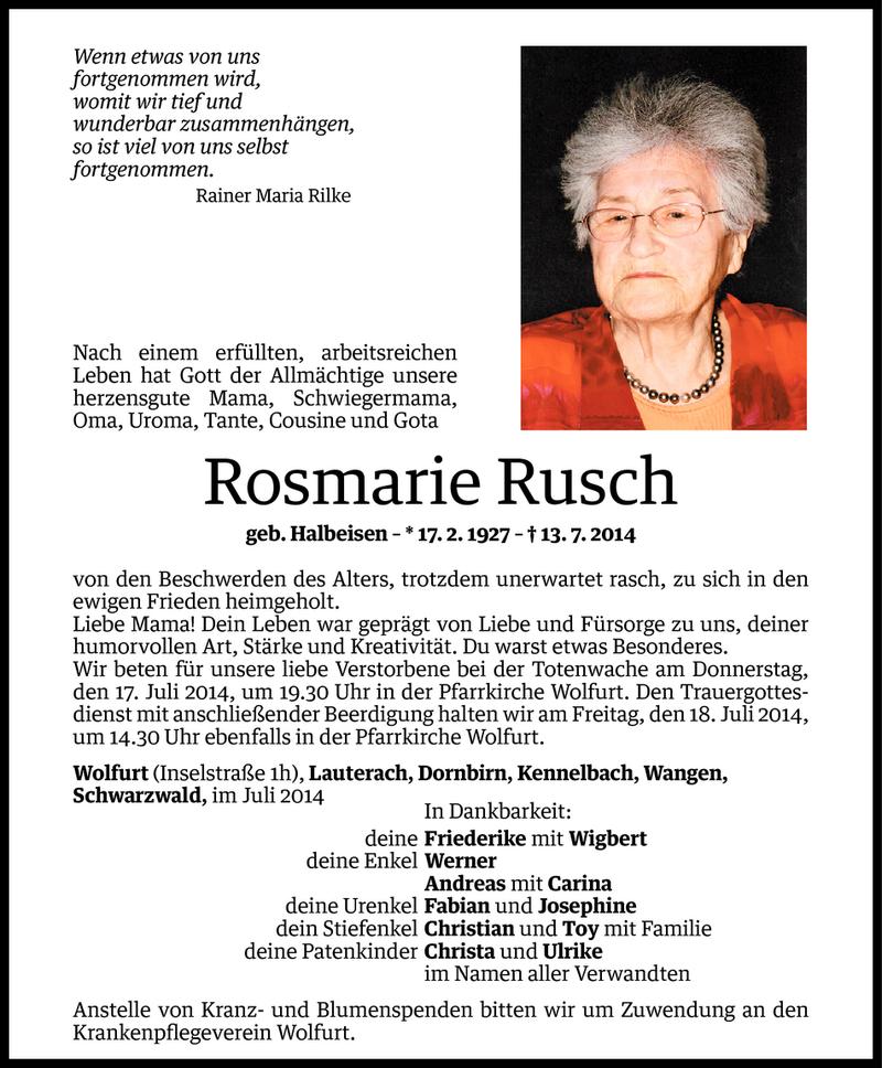  Todesanzeige für Rosmarie Rusch vom 15.07.2014 aus Vorarlberger Nachrichten