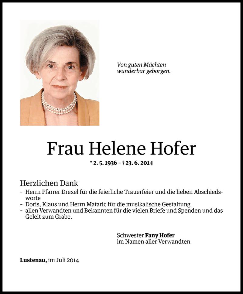  Todesanzeige für Helene Hofer vom 15.07.2014 aus Vorarlberger Nachrichten