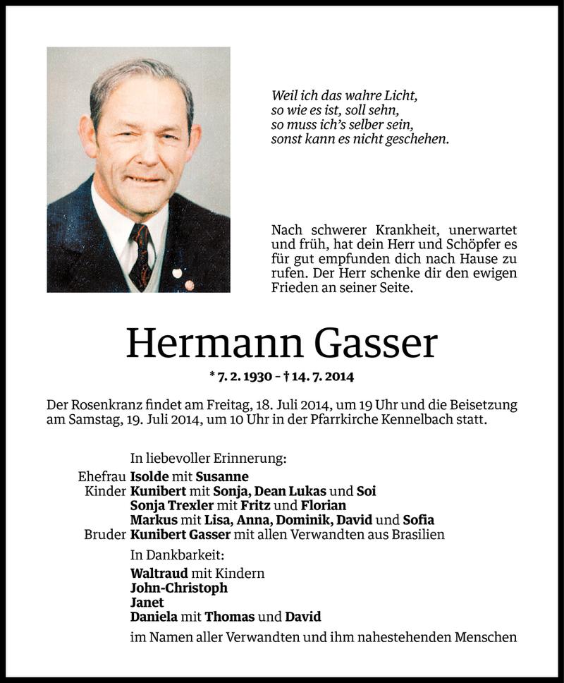  Todesanzeige für Hermann Gasser vom 16.07.2014 aus Vorarlberger Nachrichten