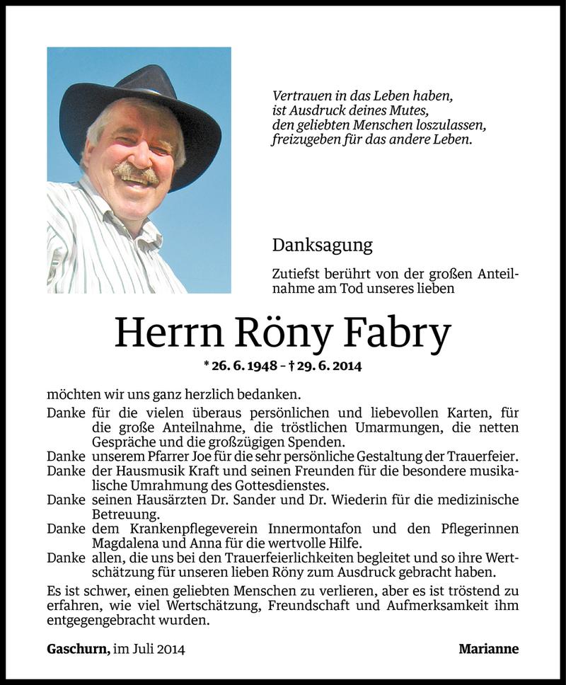 Todesanzeige für Röny Fabry vom 16.07.2014 aus Vorarlberger Nachrichten