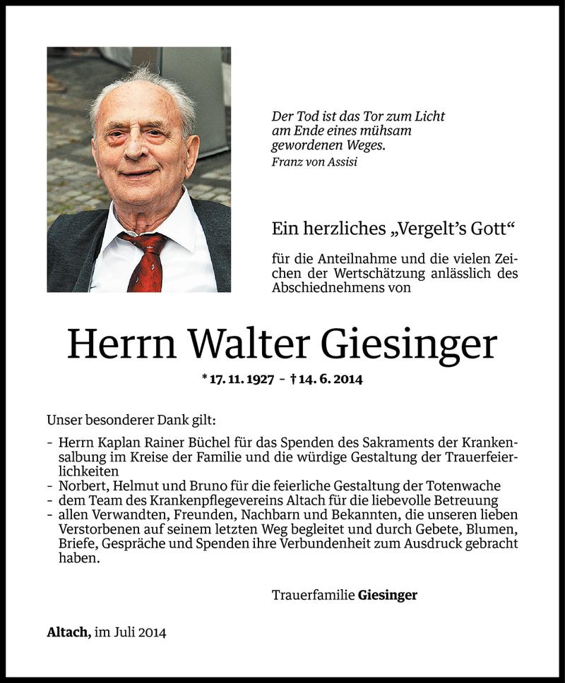  Todesanzeige für Walter Giesinger vom 18.07.2014 aus Vorarlberger Nachrichten