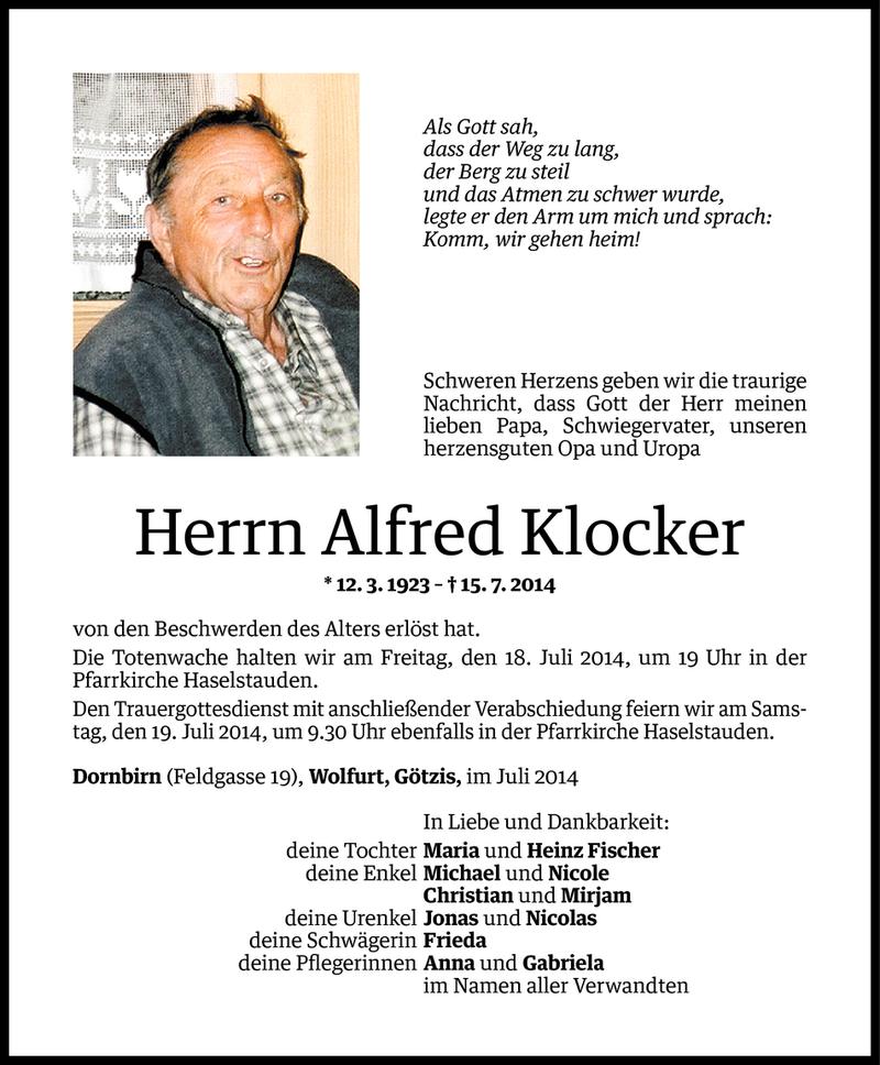  Todesanzeige für Alfred Klocker vom 16.07.2014 aus Vorarlberger Nachrichten