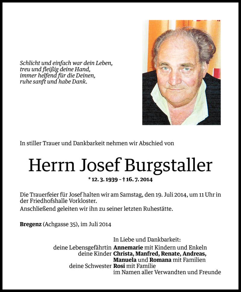  Todesanzeige für Josef Burgstaller vom 17.07.2014 aus Vorarlberger Nachrichten