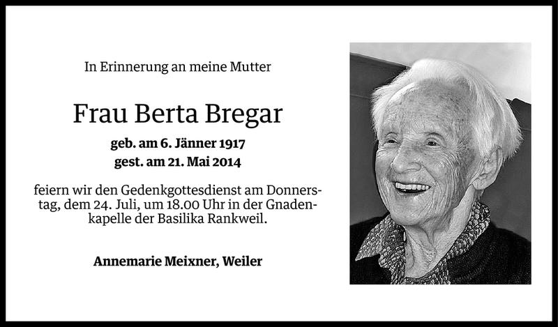  Todesanzeige für Berta Bregar vom 22.07.2014 aus Vorarlberger Nachrichten