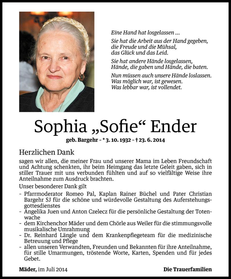  Todesanzeige für Sophia Ender vom 18.07.2014 aus Vorarlberger Nachrichten