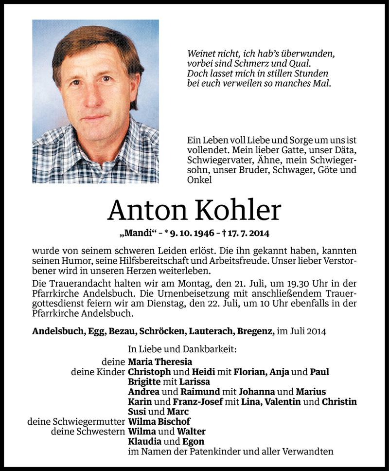  Todesanzeige für Anton Kohler vom 18.07.2014 aus Vorarlberger Nachrichten