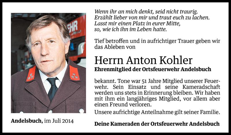  Todesanzeige für Anton Kohler vom 18.07.2014 aus Vorarlberger Nachrichten