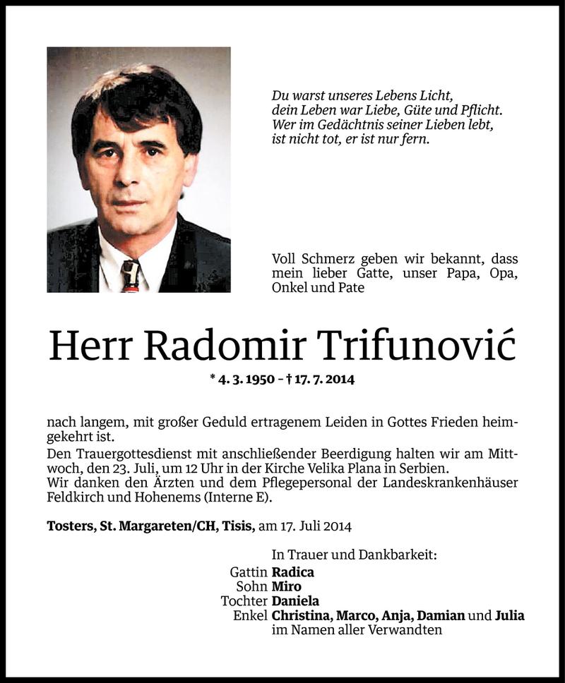  Todesanzeige für Radomir Trifunovic vom 20.07.2014 aus Vorarlberger Nachrichten