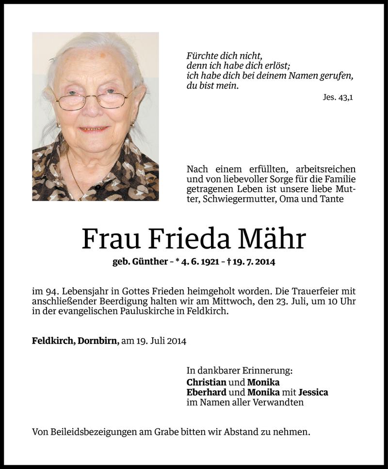  Todesanzeige für Frieda Mähr vom 20.07.2014 aus Vorarlberger Nachrichten