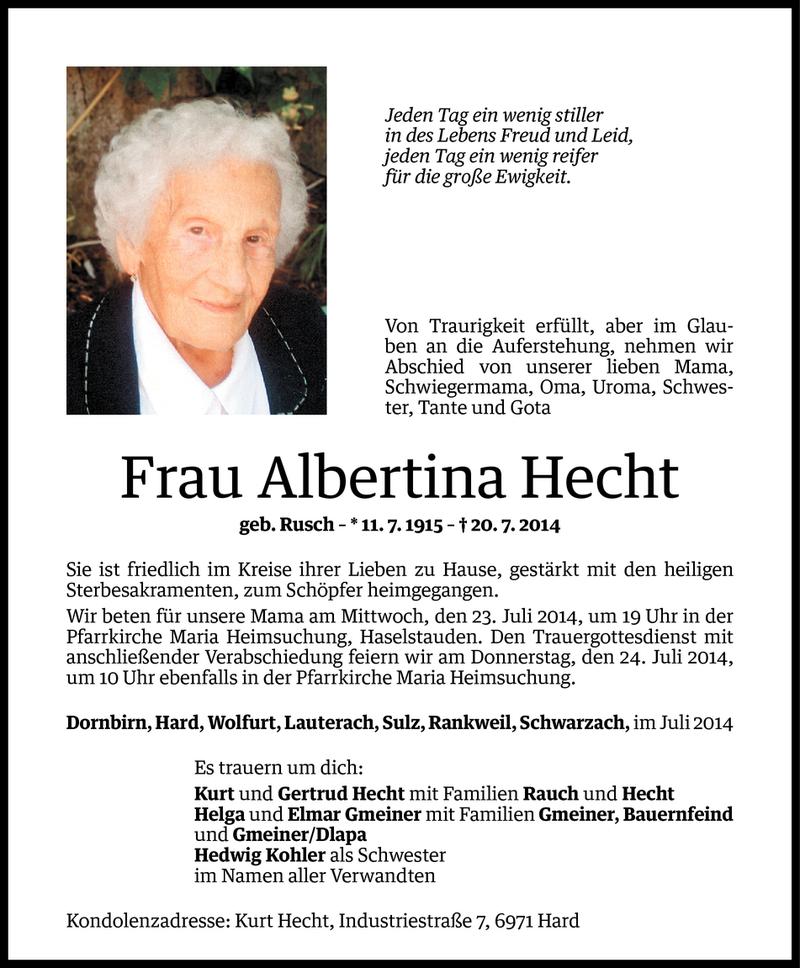  Todesanzeige für Albertina Hecht vom 21.07.2014 aus Vorarlberger Nachrichten