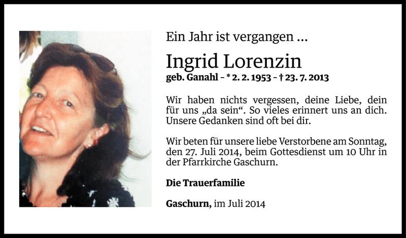  Todesanzeige für Ingrid Lorenzin vom 22.07.2014 aus Vorarlberger Nachrichten