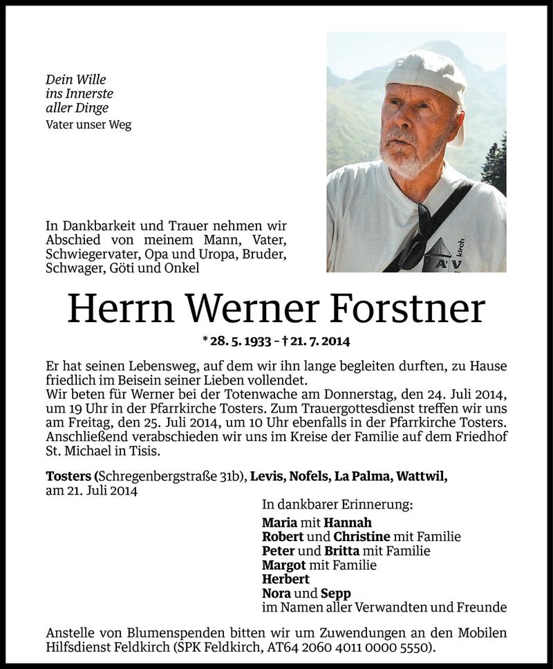  Todesanzeige für Werner Forstner vom 22.07.2014 aus Vorarlberger Nachrichten