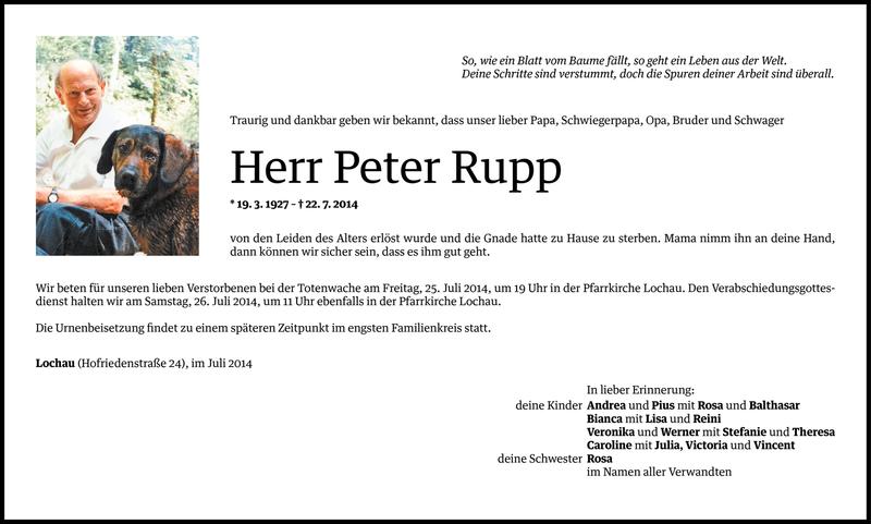  Todesanzeige für Peter Rupp vom 22.07.2014 aus Vorarlberger Nachrichten