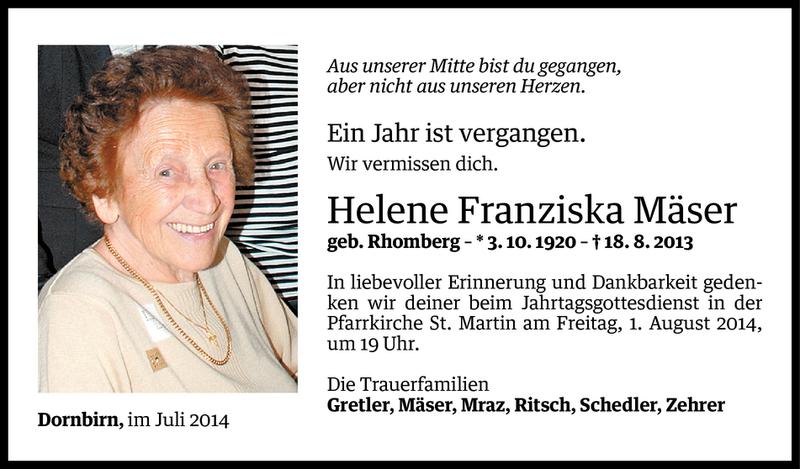  Todesanzeige für Helene Franziska Mäser vom 28.07.2014 aus Vorarlberger Nachrichten