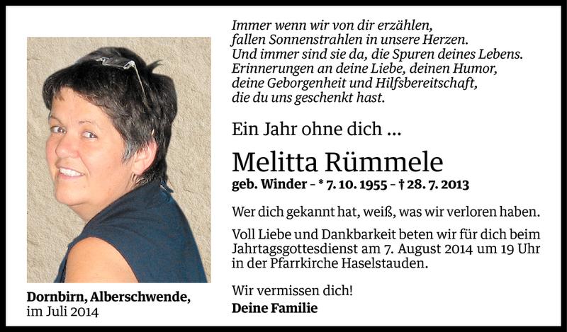  Todesanzeige für Melitta Rümmele vom 25.07.2014 aus Vorarlberger Nachrichten