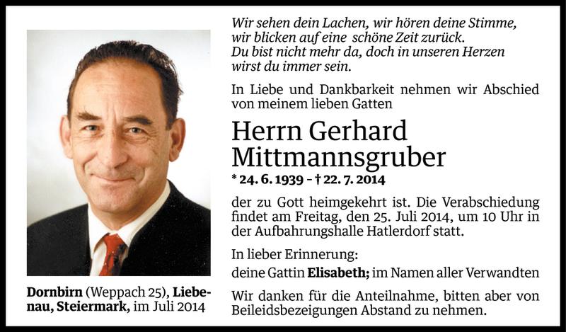  Todesanzeige für Gerhard Mittmannsgruber vom 23.07.2014 aus Vorarlberger Nachrichten