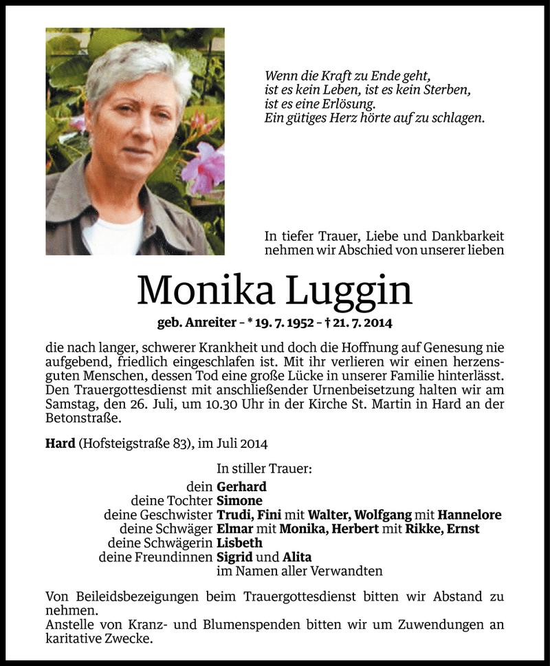  Todesanzeige für Monika Luggin vom 23.07.2014 aus Vorarlberger Nachrichten