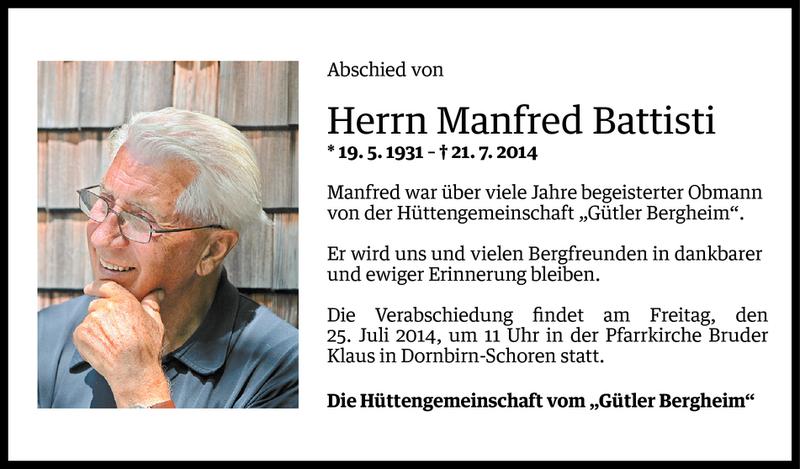  Todesanzeige für Manfred Battisti vom 23.07.2014 aus Vorarlberger Nachrichten