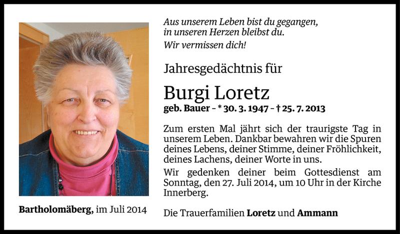  Todesanzeige für Walburga Loretz vom 24.07.2014 aus Vorarlberger Nachrichten