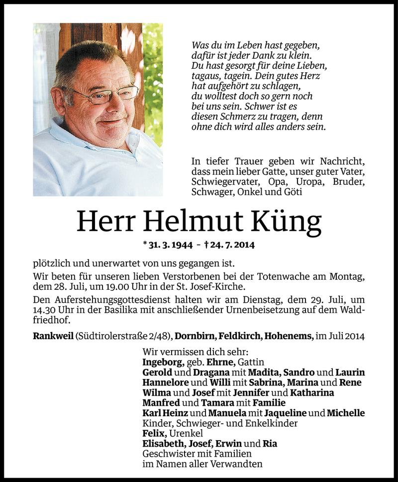  Todesanzeige für Helmut Küng vom 25.07.2014 aus Vorarlberger Nachrichten