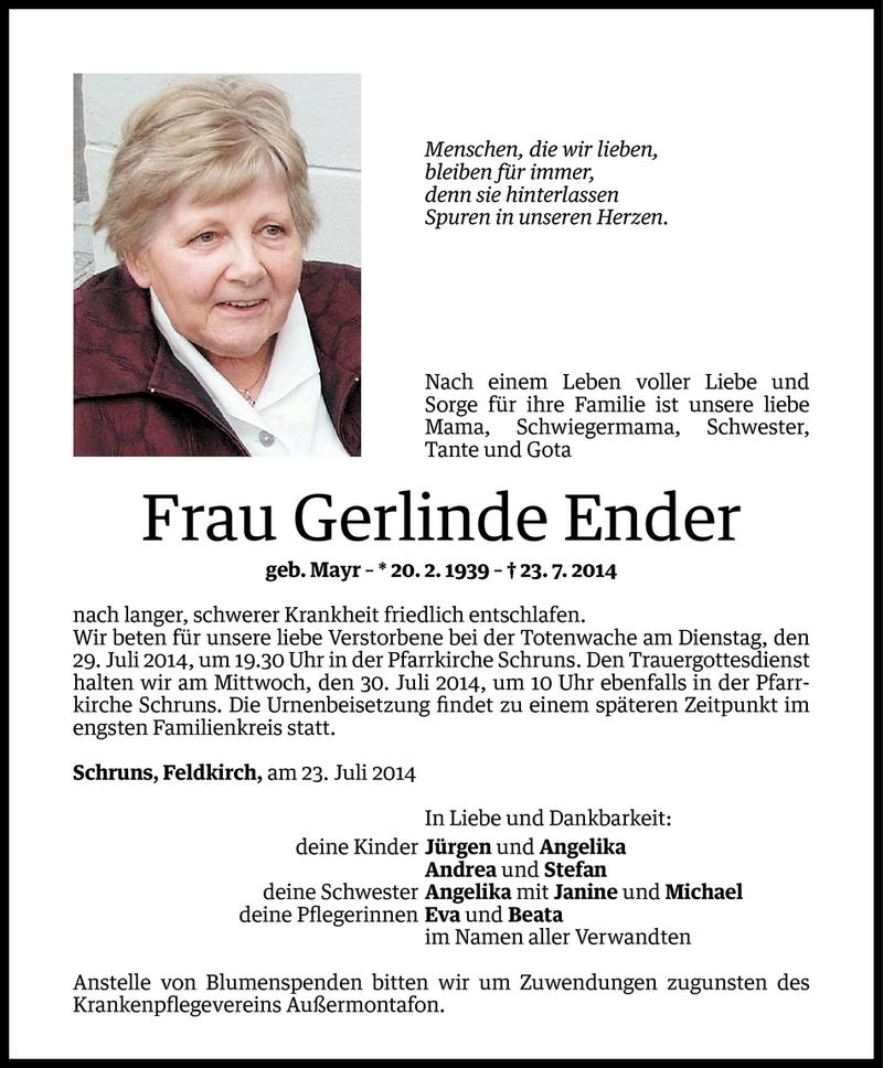  Todesanzeige für Gerlinde Ender vom 24.07.2014 aus Vorarlberger Nachrichten