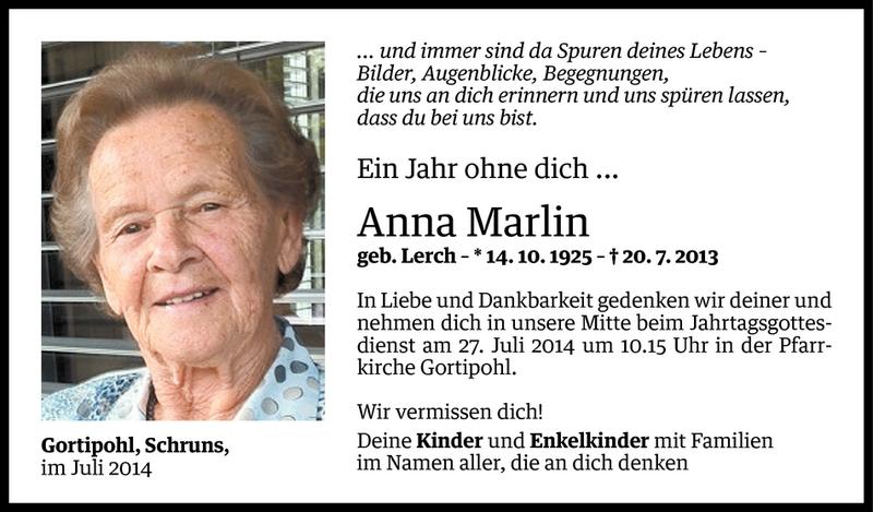  Todesanzeige für Anna Marlin vom 25.07.2014 aus Vorarlberger Nachrichten